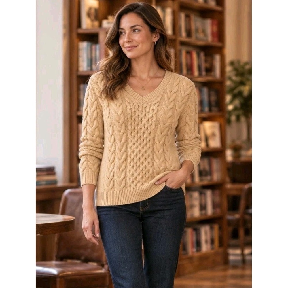 Preswick & Moore Cable Knit V-Neck Sweater Butter Yellow Womens Large Academia